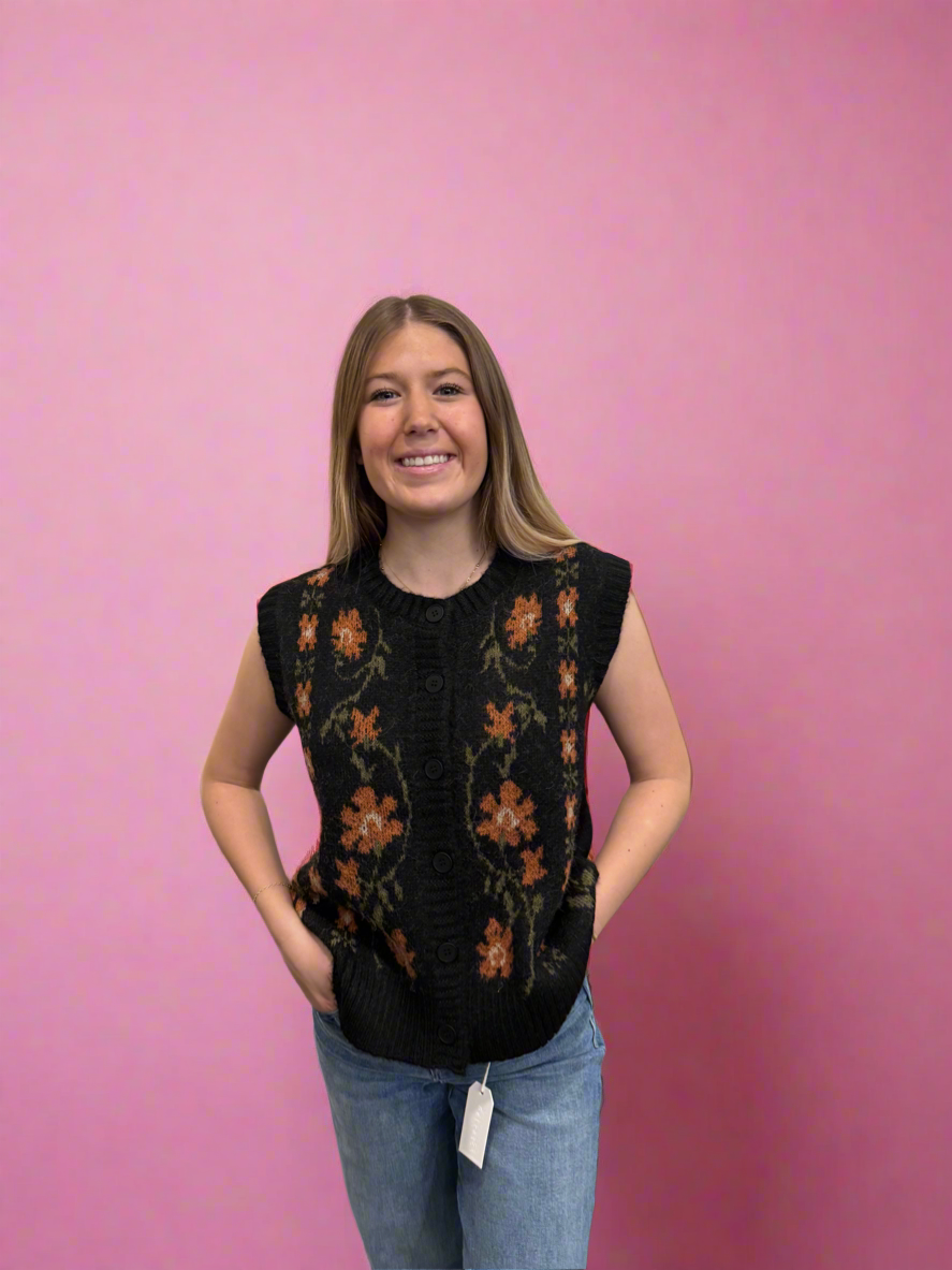 Floral Black Sweater Vest