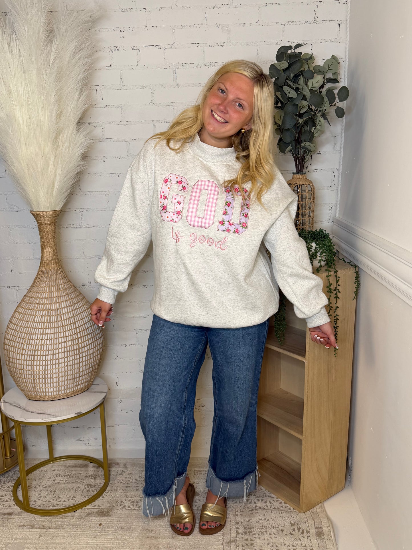 God Is Good Embroidered Mock Neck