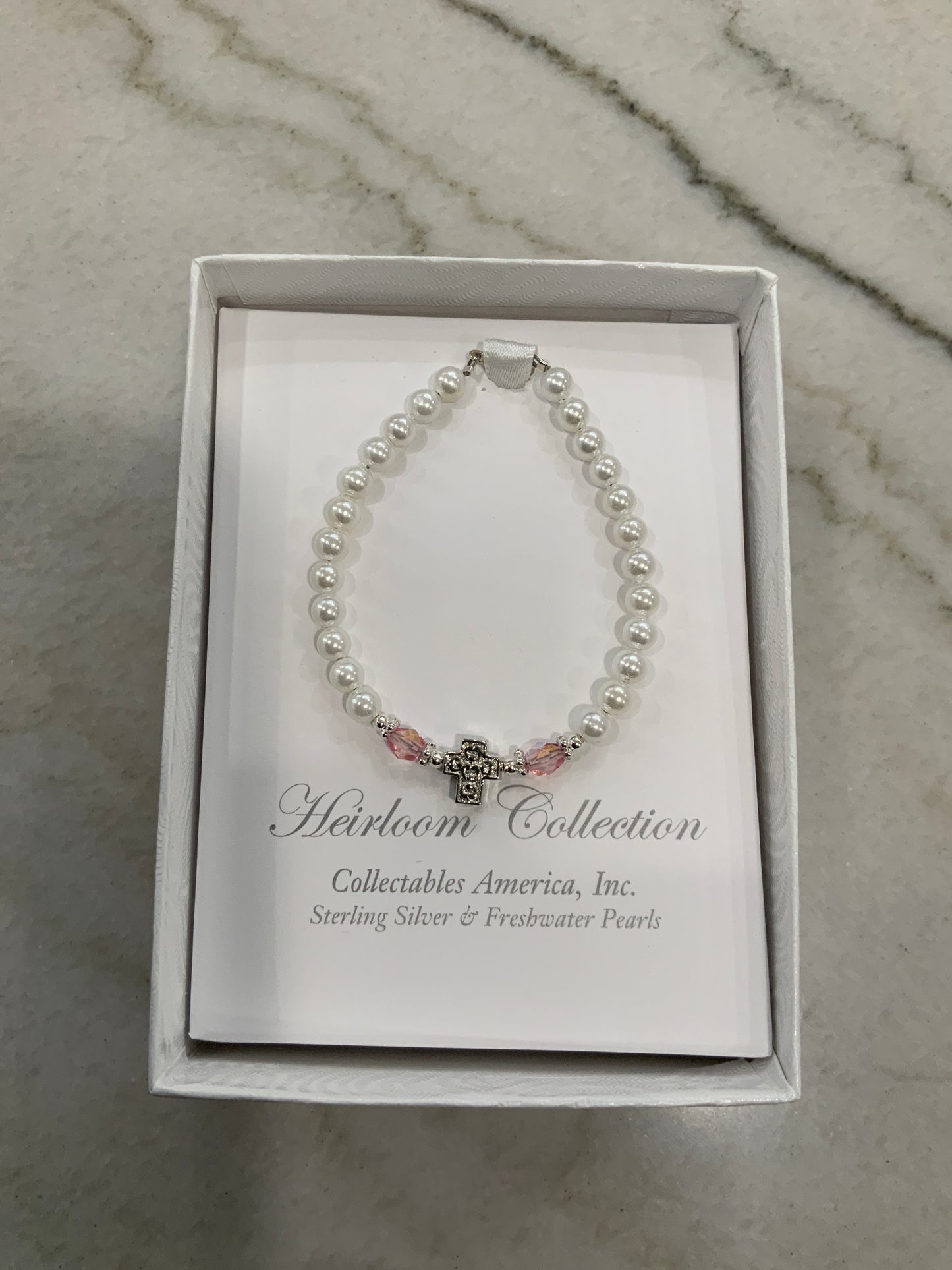 Pearl and Pink Crystals Cross Bracelet 5”