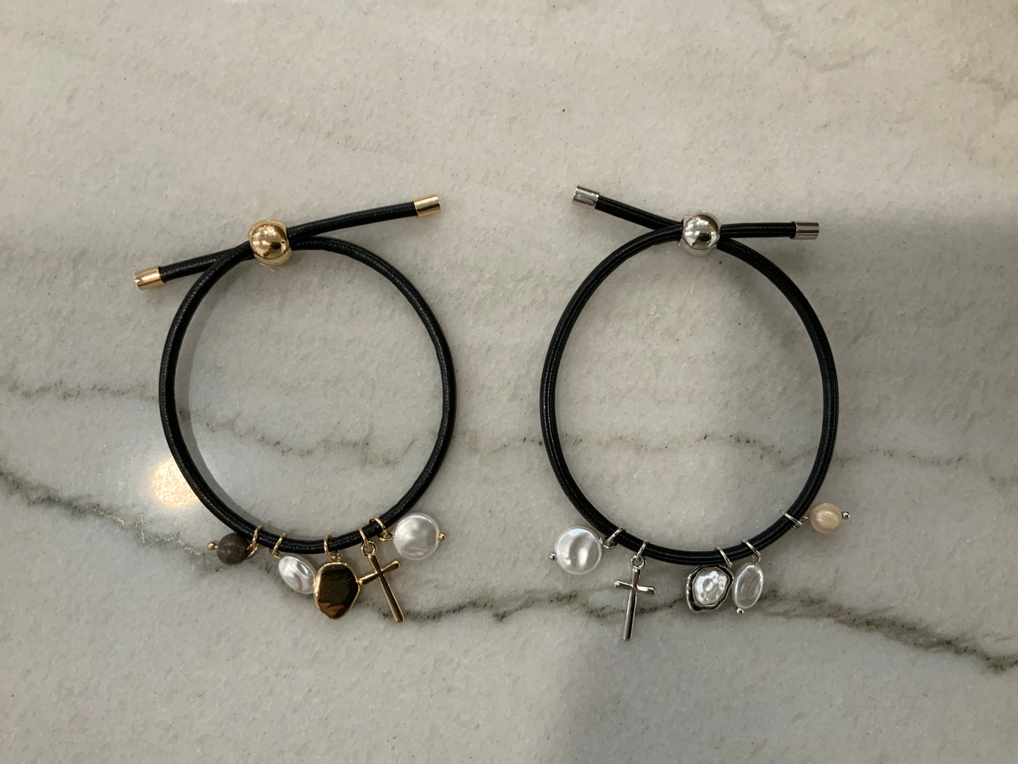 Cross Pearl Charm Cord Bracelet