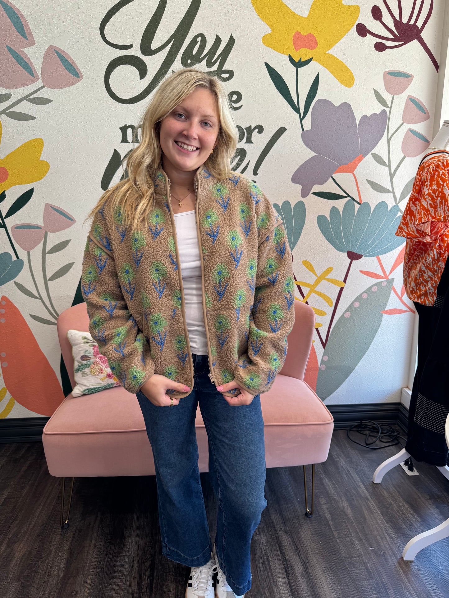Mocha Flower Print Fleece Jacket