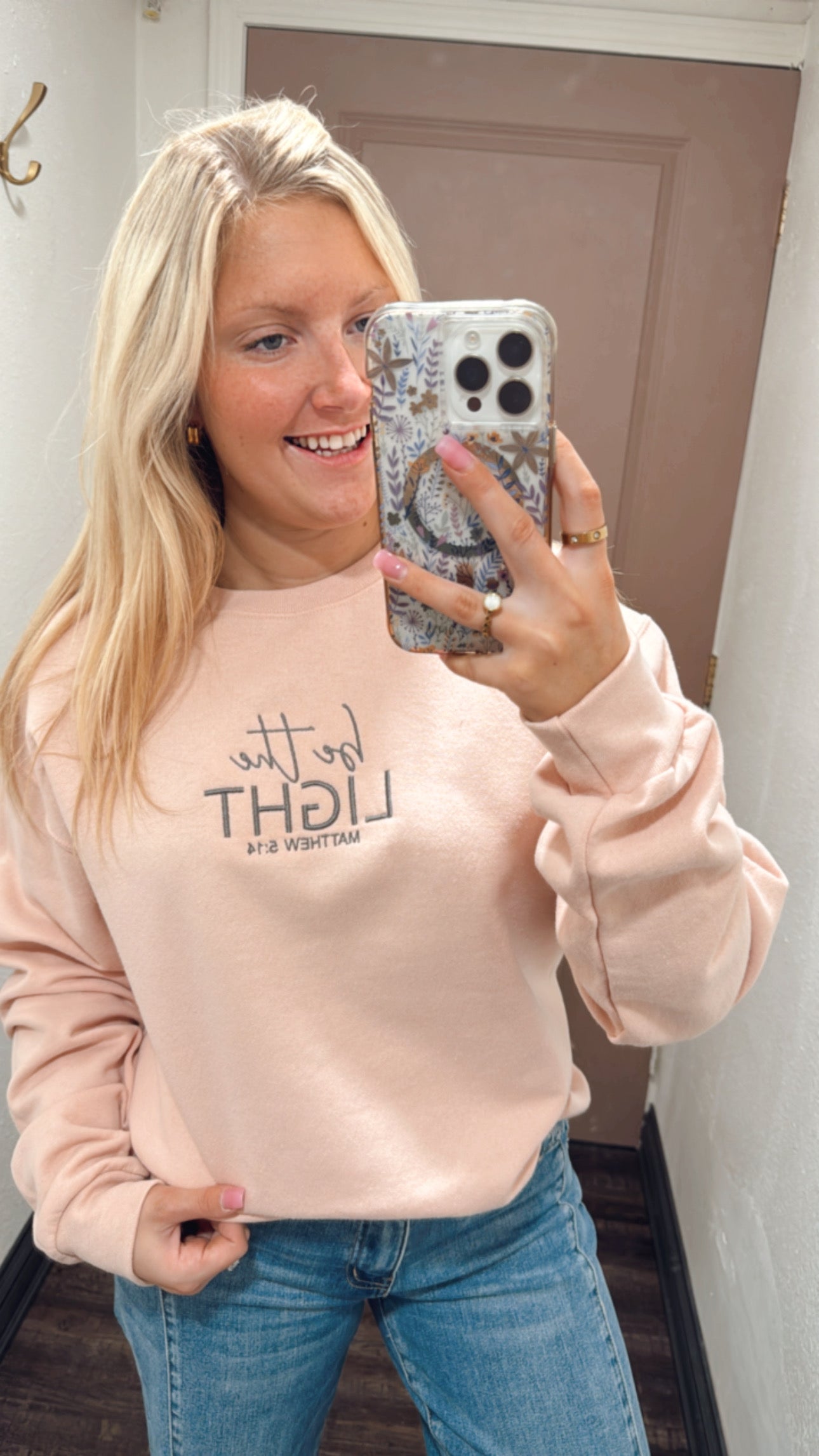 Be The Light Pink Embroidered Crewneck (117)