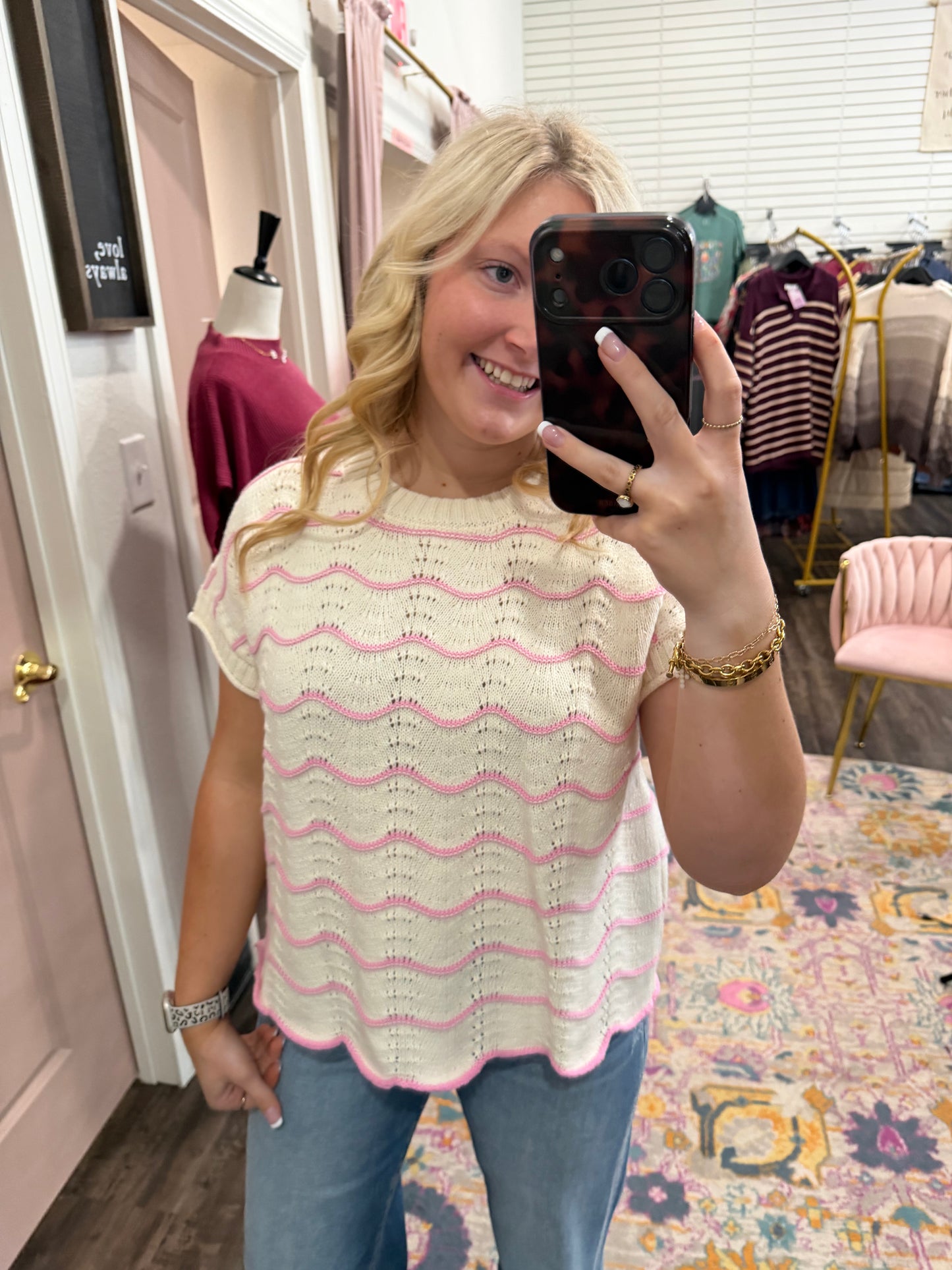 Scallop Stripe Pink Sweater