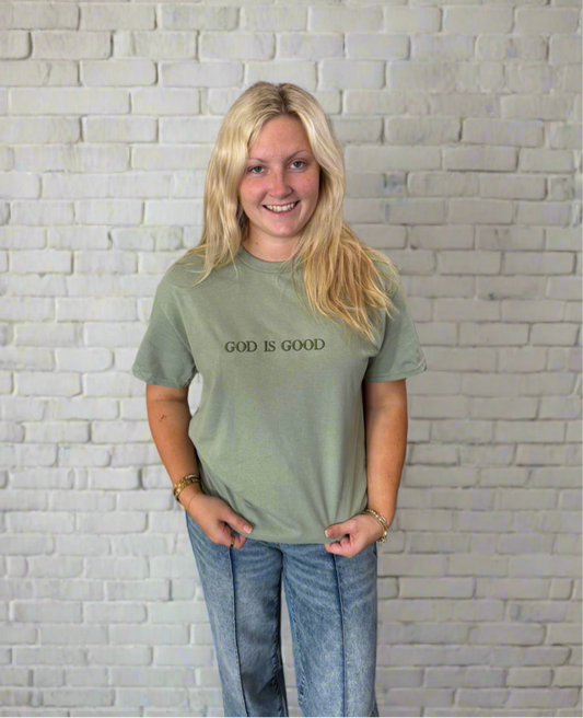 God Is Good Green Embroidered Tee (117)