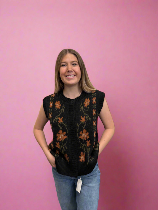 Floral Black Sweater Vest