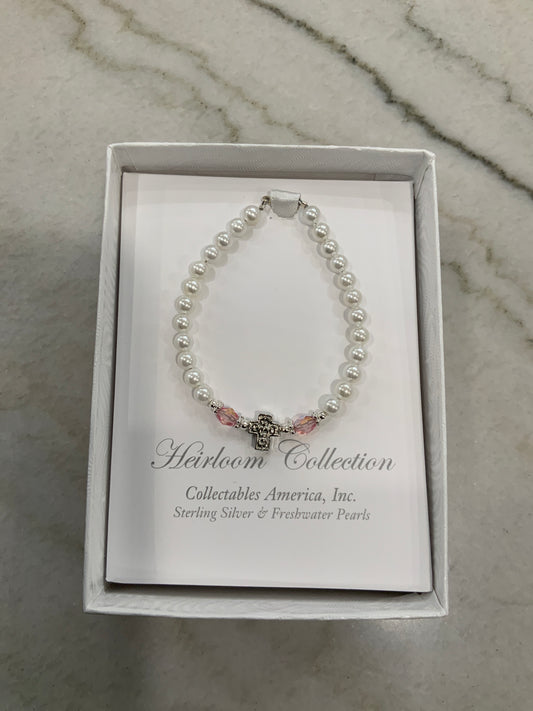 Pearl and Pink Crystals Cross Bracelet 5”