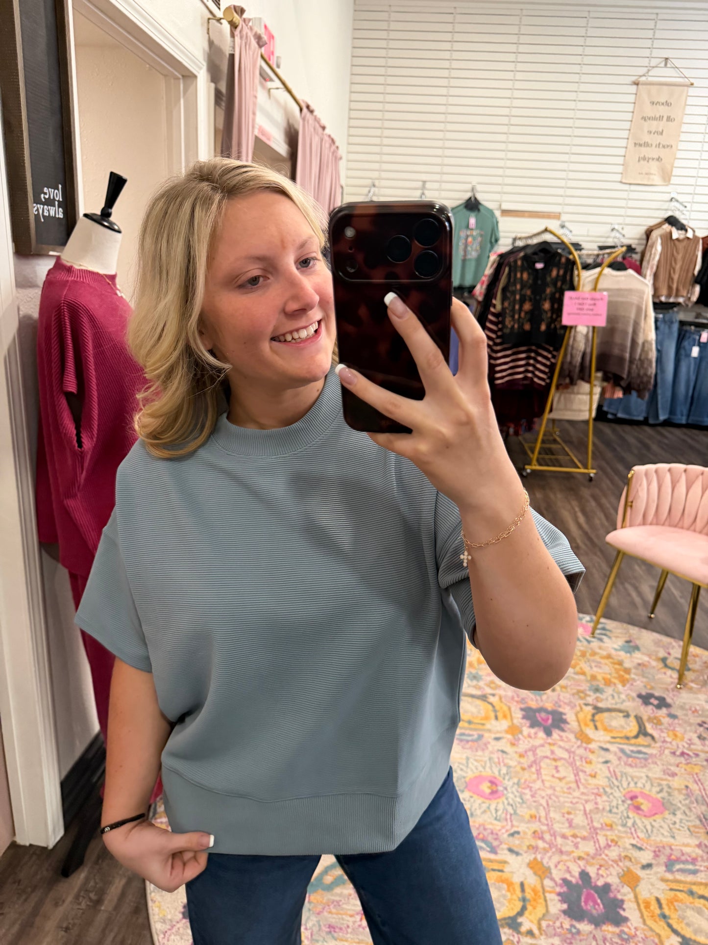 Blue Grey Ribbed Top