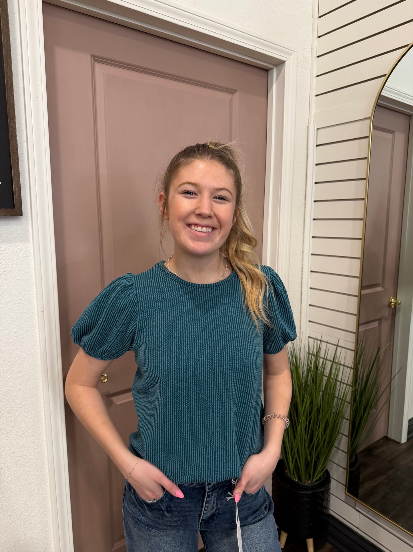Everyday Grace Ribbed Teal Top