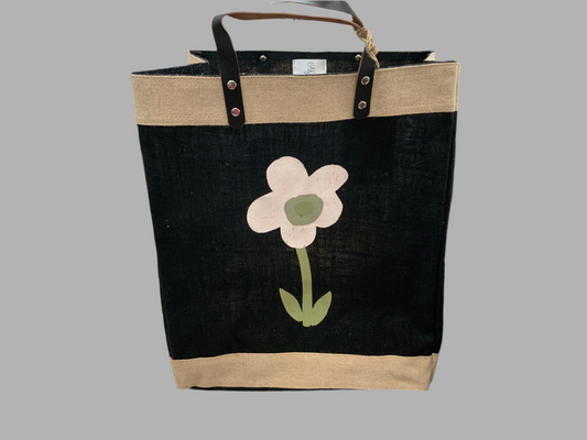 Black flower jute tote
