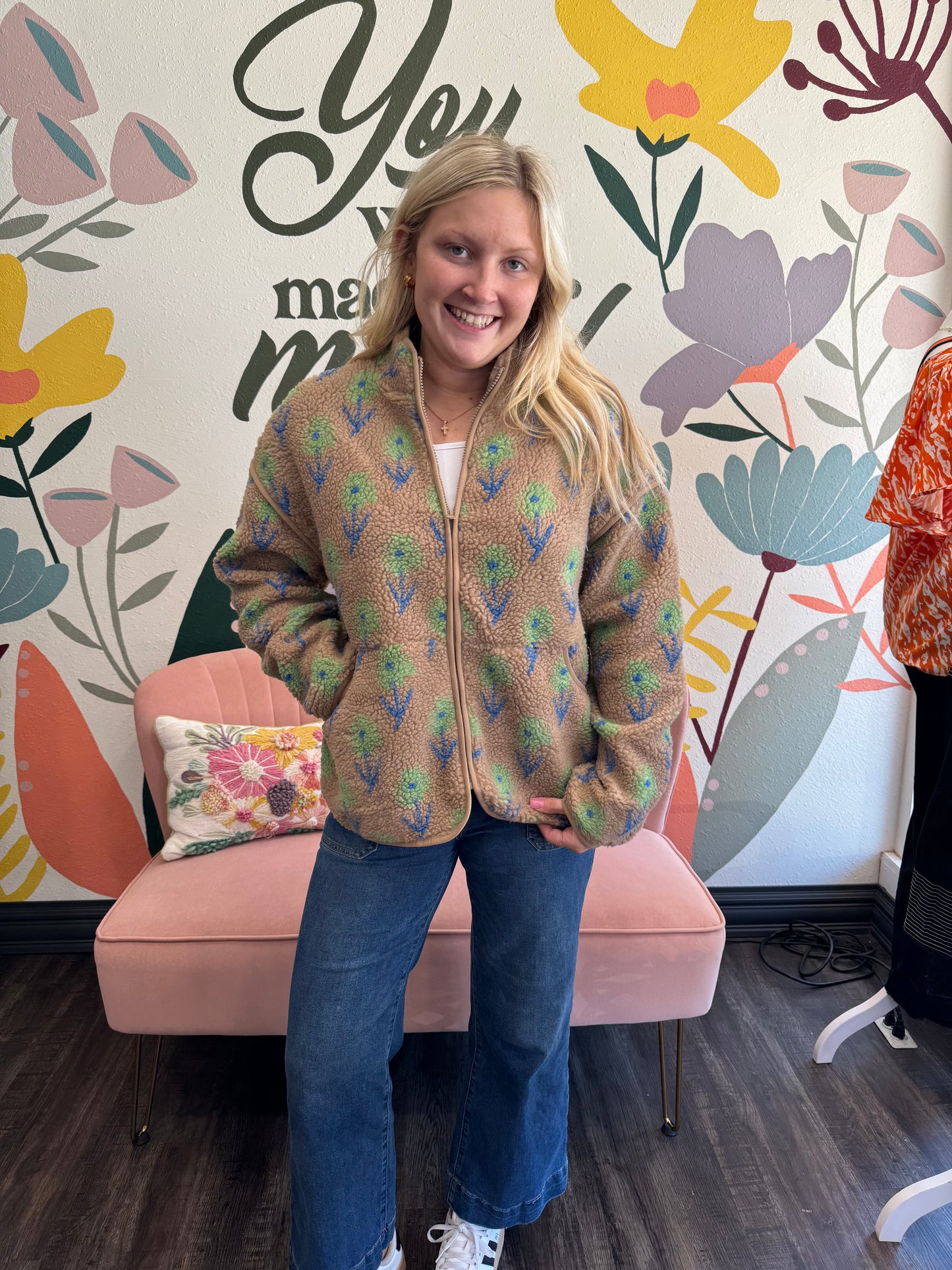 Mocha Flower Print Fleece Jacket