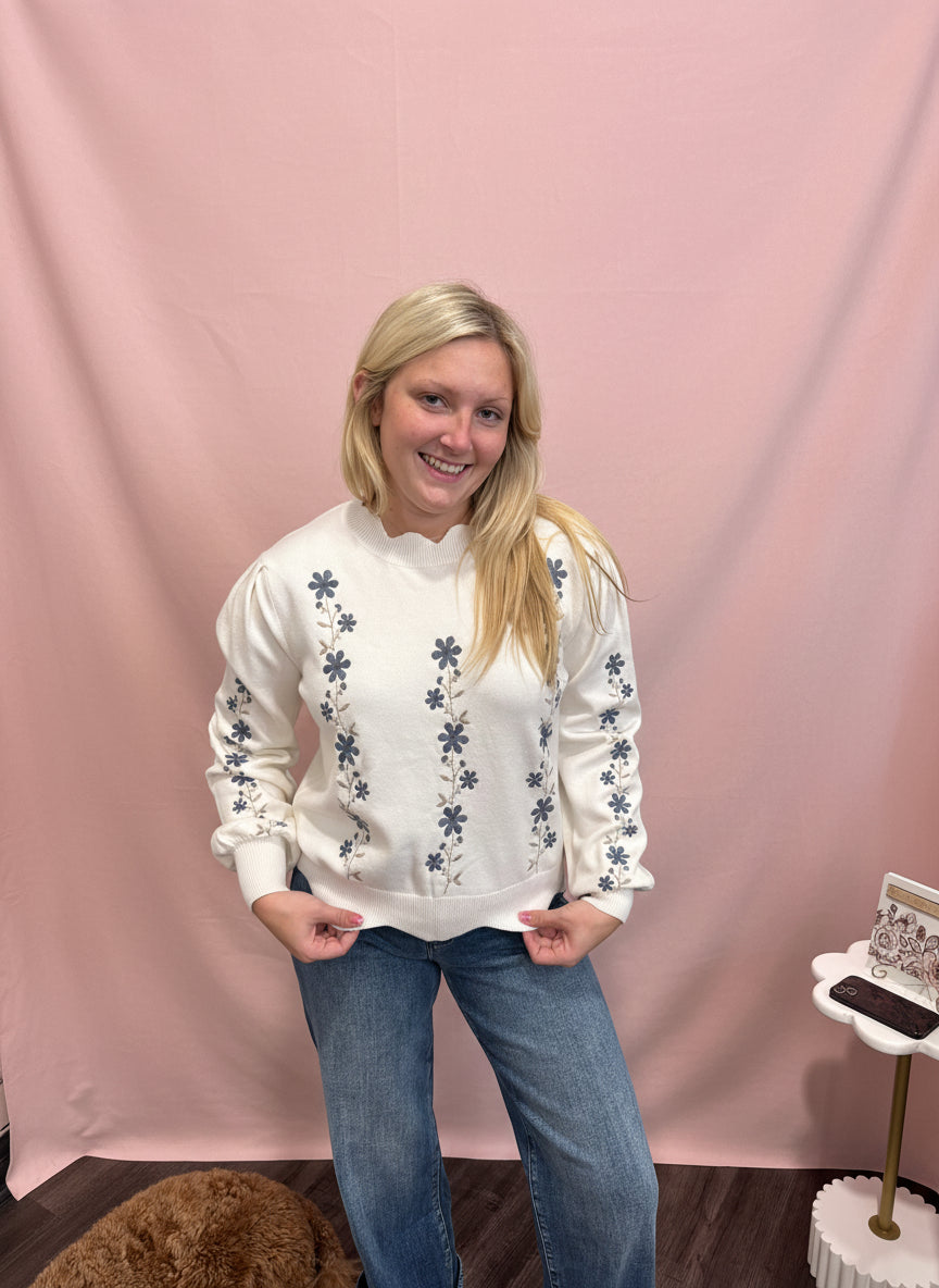 Floral Embroidered Cream Sweater (117)