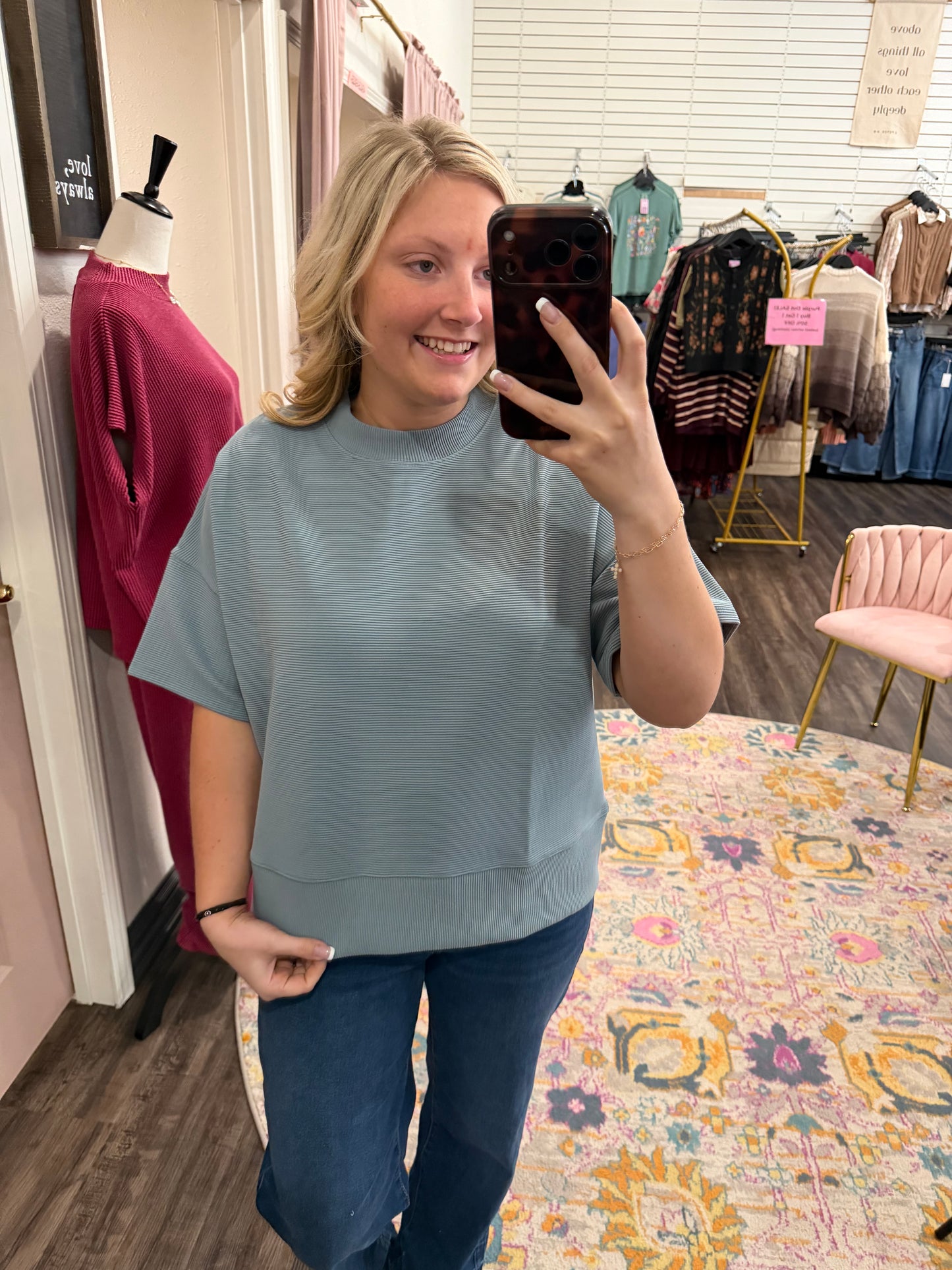 Blue Grey Ribbed Top