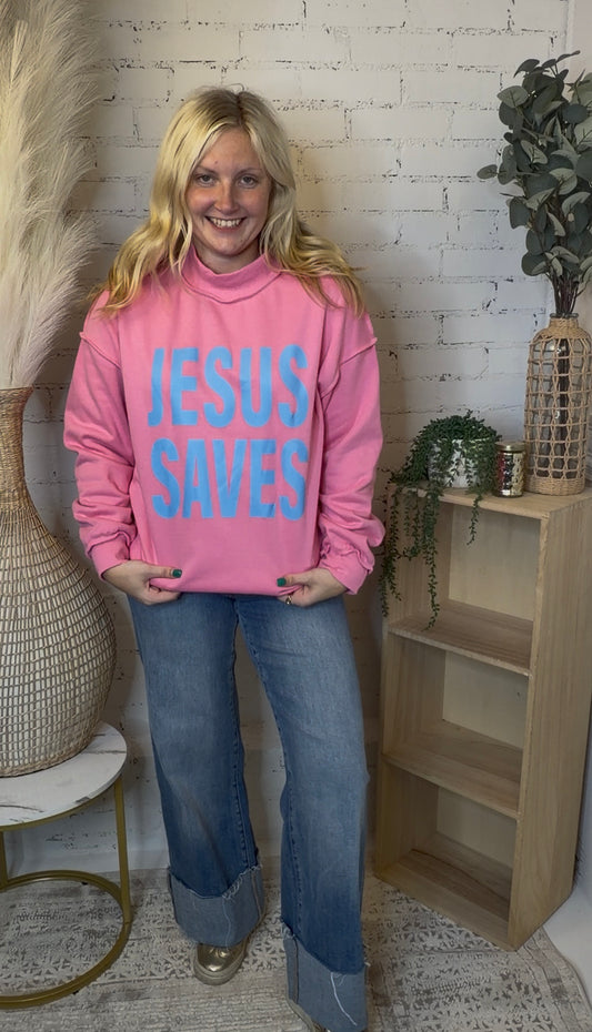 Pink Jesus Saves Mock neck