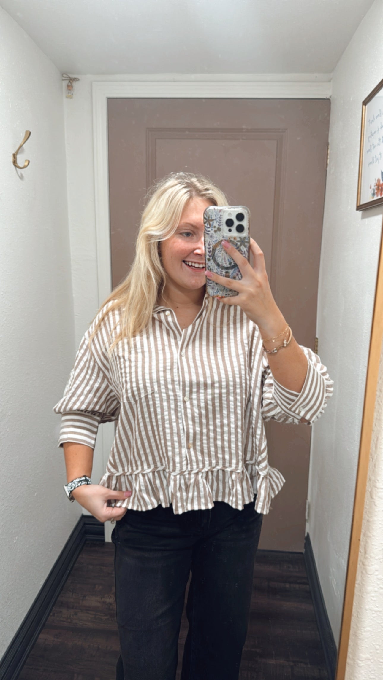 Mocha Ruffle Stripe Blouse