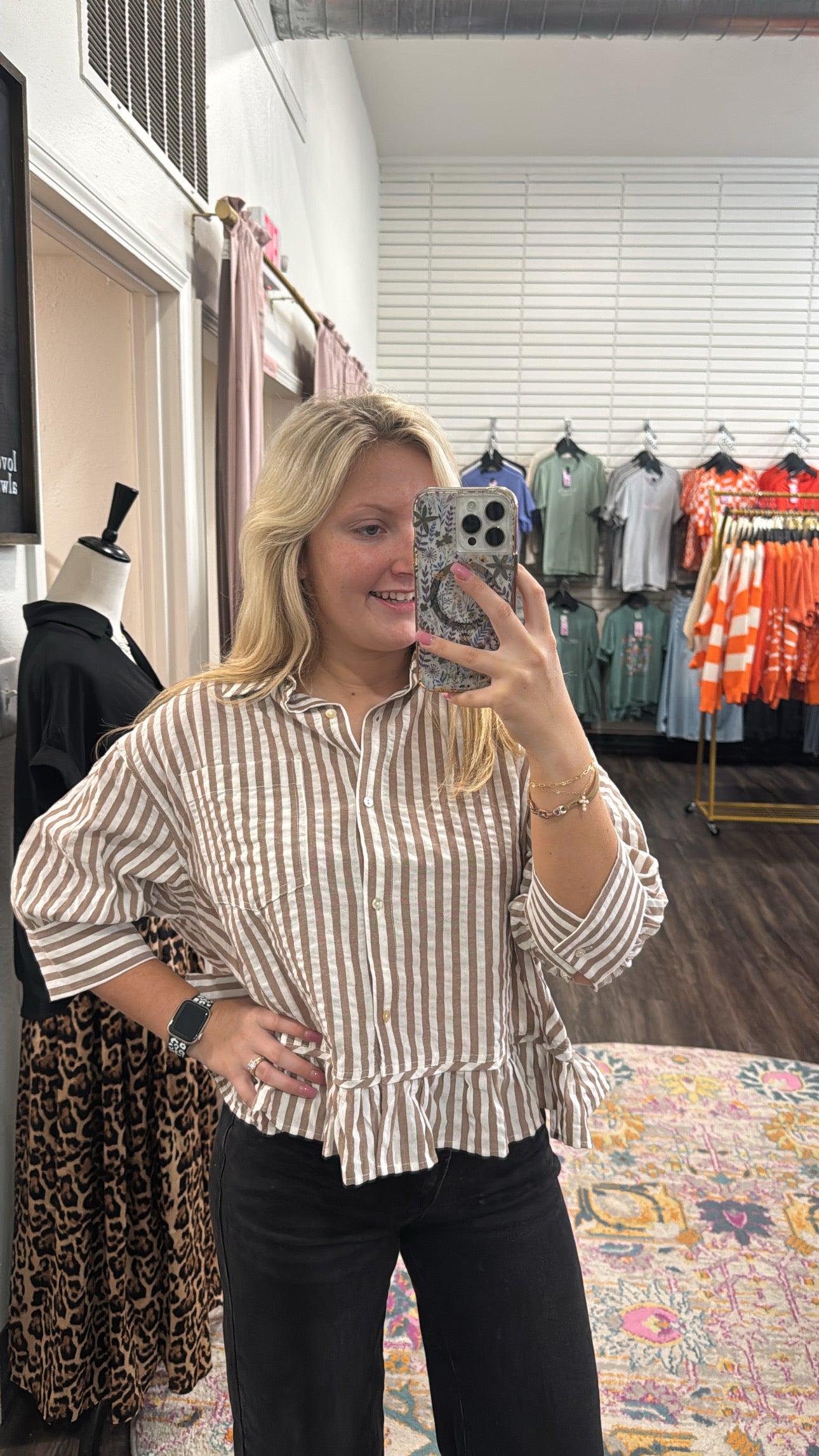 Mocha Ruffle Stripe Blouse