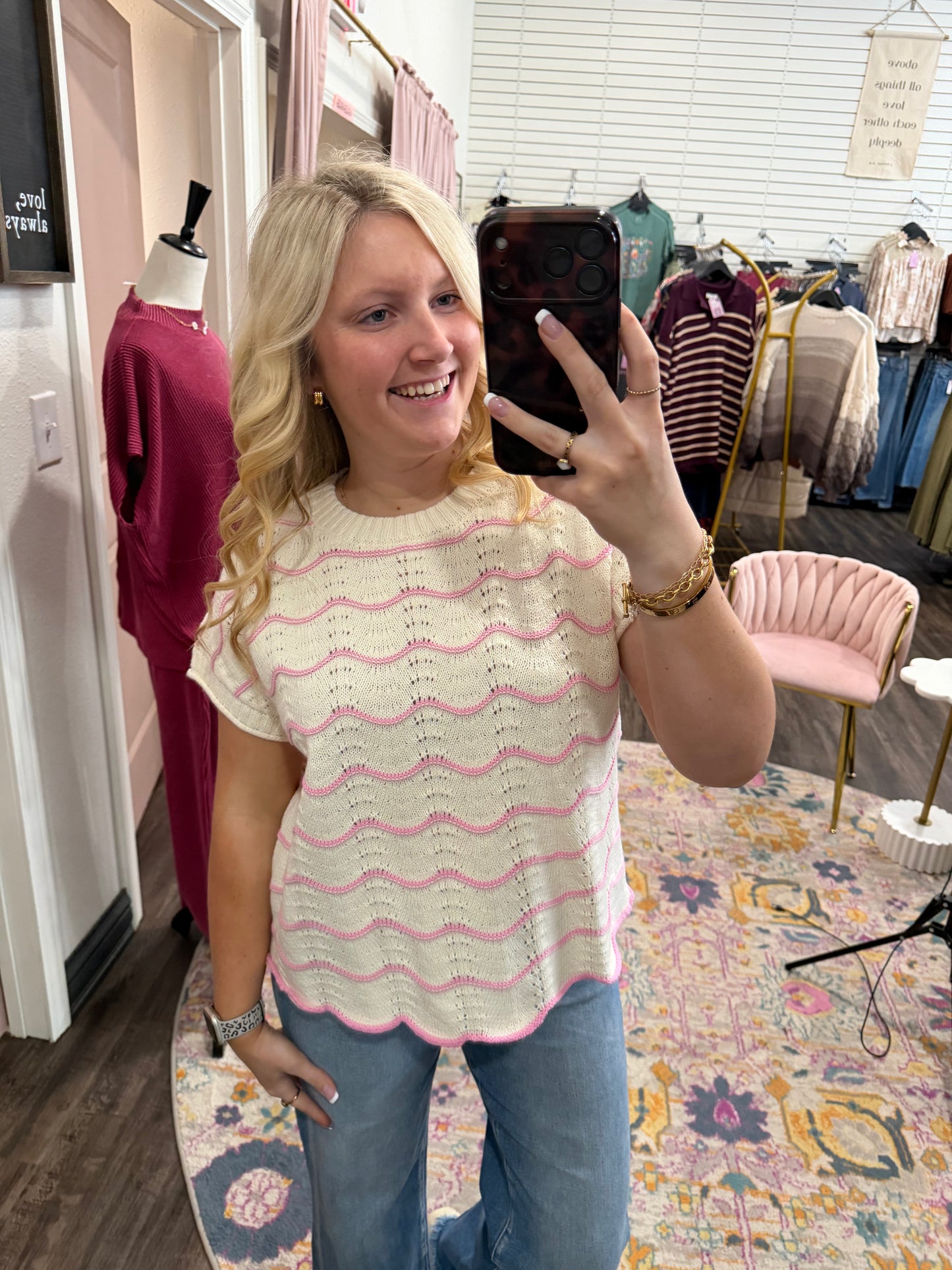 Scallop Stripe Pink Sweater
