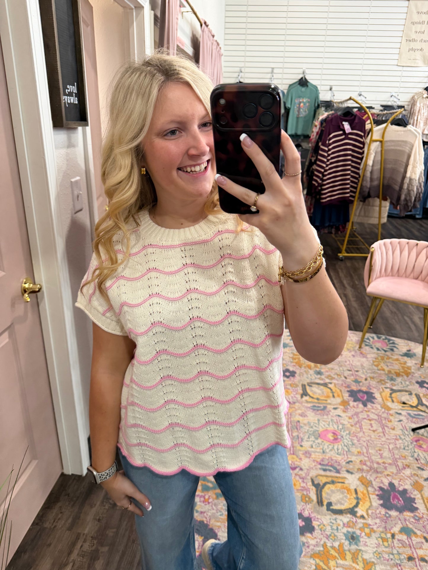 Scallop Stripe Pink Sweater