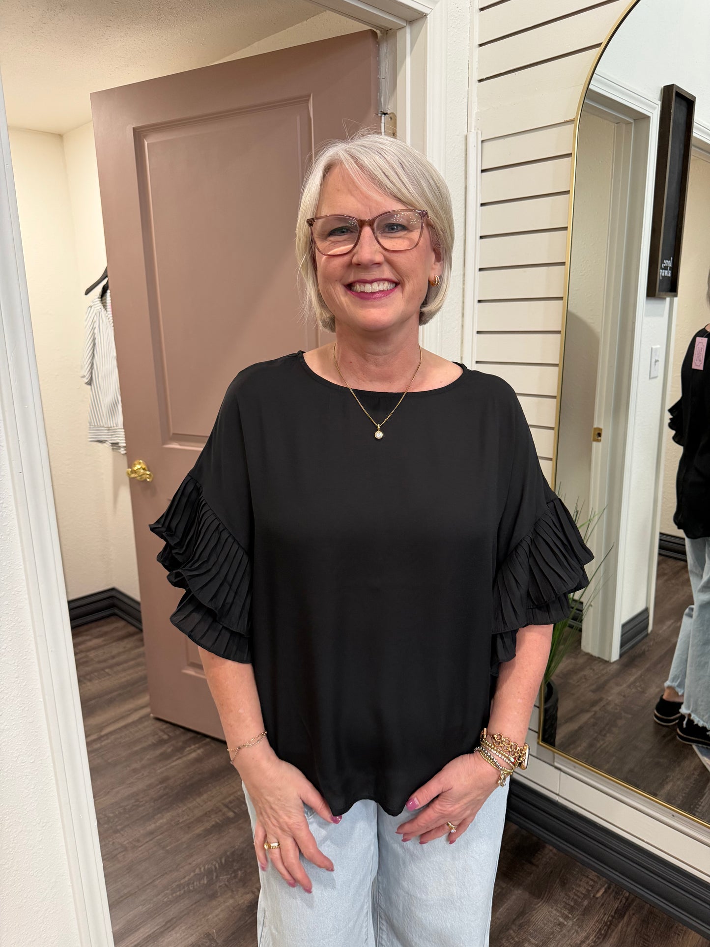 Black Pleat Sleeve Blouse