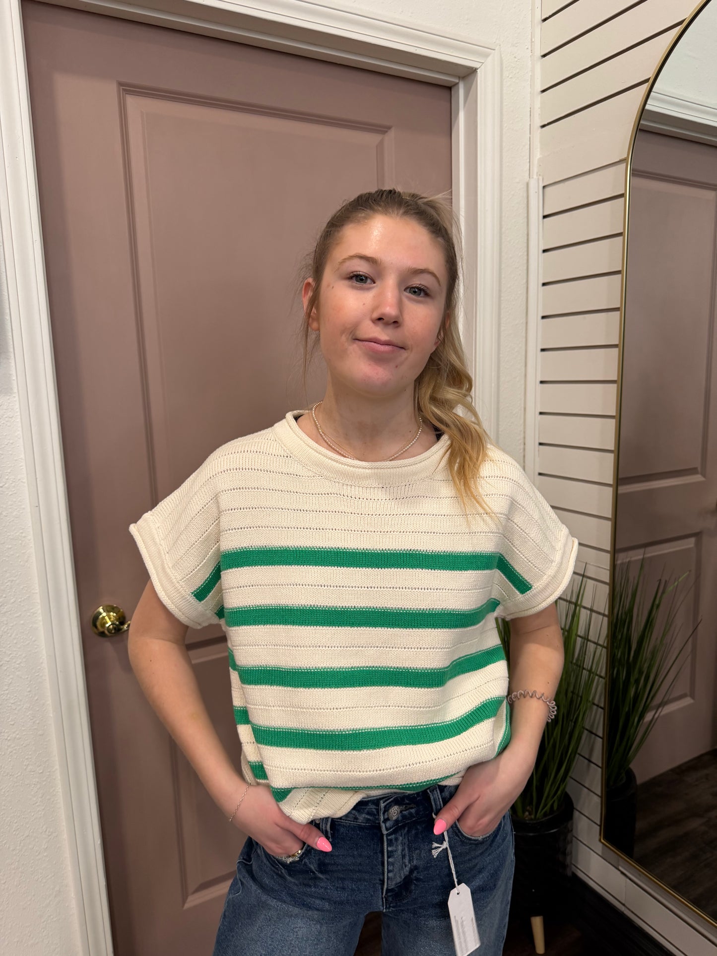 Green and Cream Knit Sweater